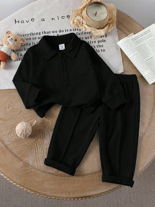 Mummy & Mee, Solid Color Half-Zip Collar Long Sleeve Top, Pullover Design For Easy Wear; Paired With Solid Color Waistband-Free Pants. 18-24M
