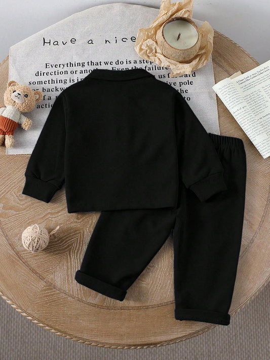 Mummy & Mee, Solid Color Half-Zip Collar Long Sleeve Top, Pullover Design For Easy Wear; Paired With Solid Color Waistband-Free Pants.