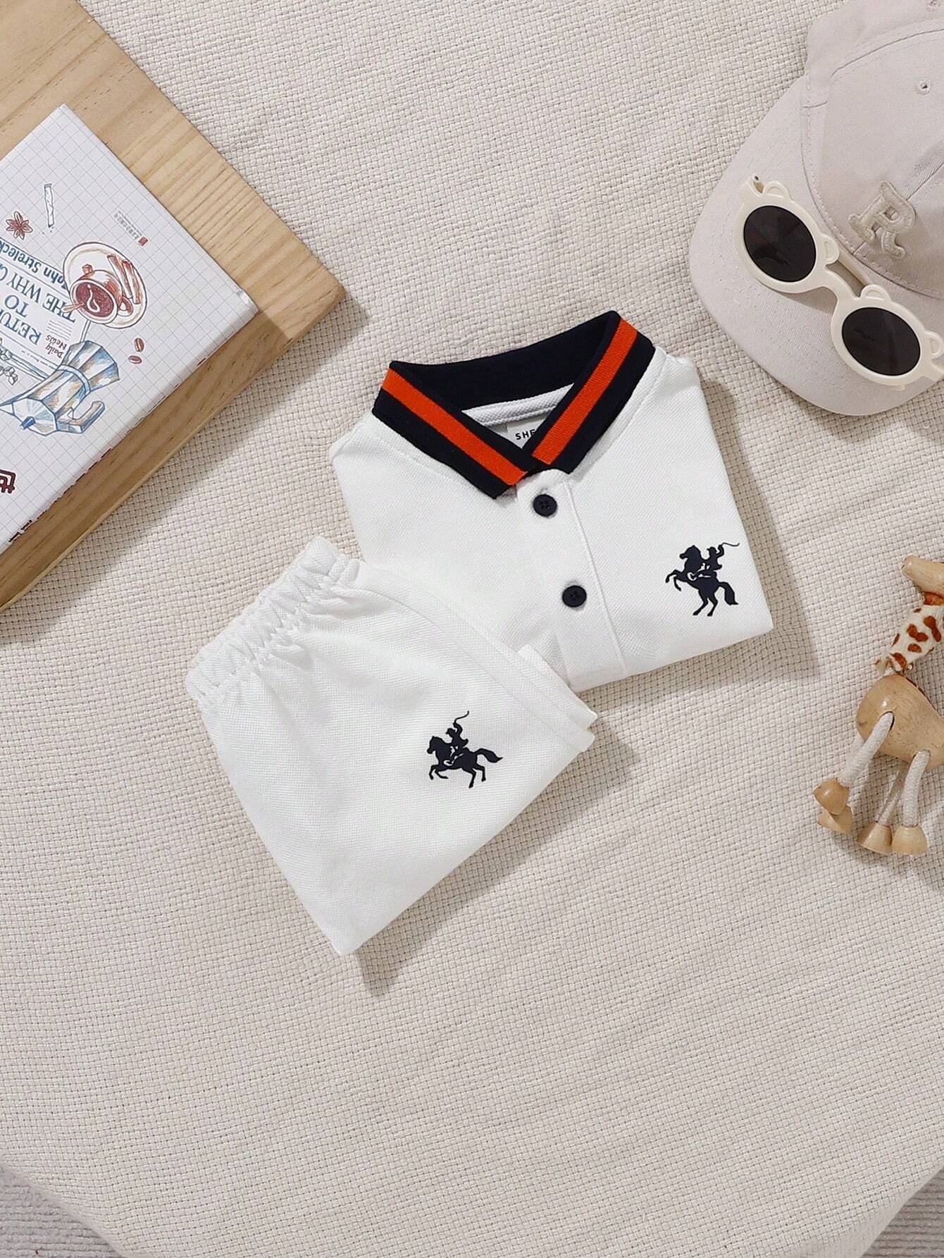 Knitted Cartoon Color Block Polo Short Sleeve Top And Shorts Set 6-9M