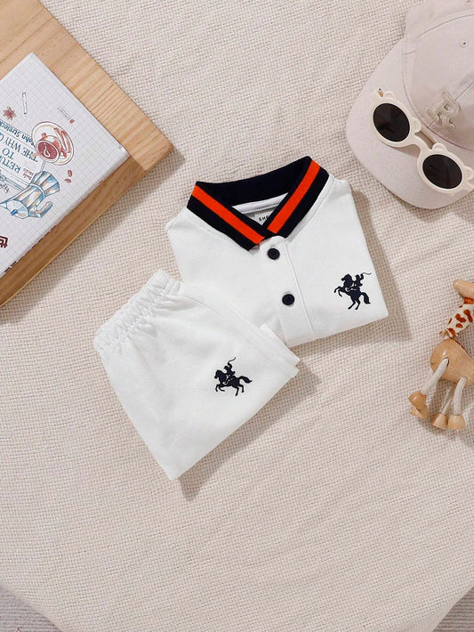 Knitted Cartoon Color Block Polo Short Sleeve Top And Shorts Set 6-9M