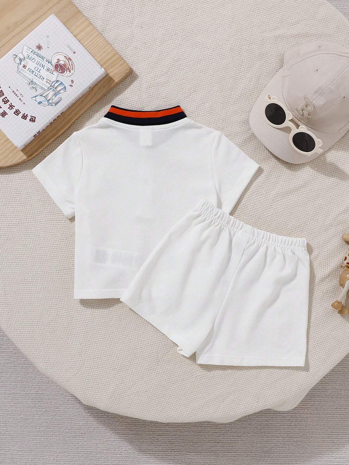 Knitted Cartoon Color Block Polo Short Sleeve Top And Shorts Set