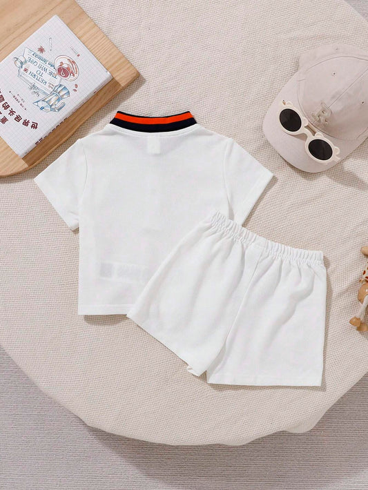 Knitted Cartoon Color Block Polo Short Sleeve Top And Shorts Set