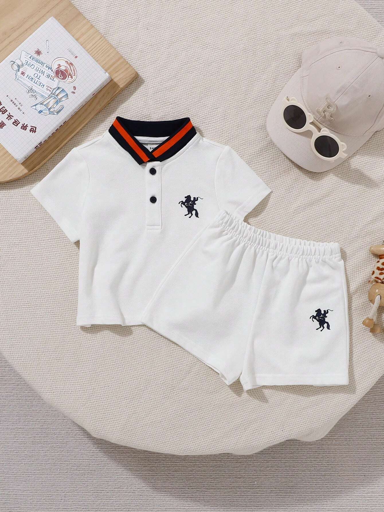 Knitted Cartoon Color Block Polo Short Sleeve Top And Shorts Set