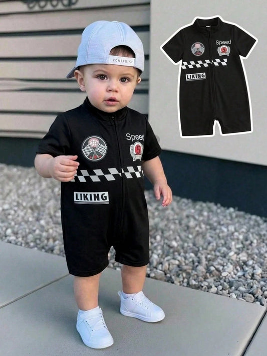 Letter & Racing Car Pattern Knit Soft Short Sleeve Romper