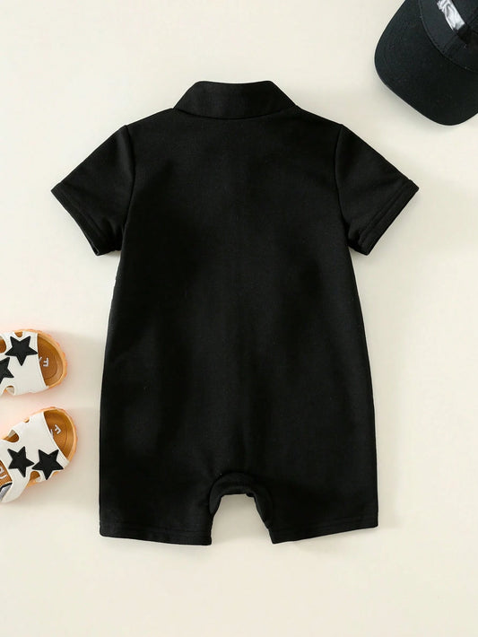 Letter & Racing Car Pattern Knit Soft Short Sleeve Romper