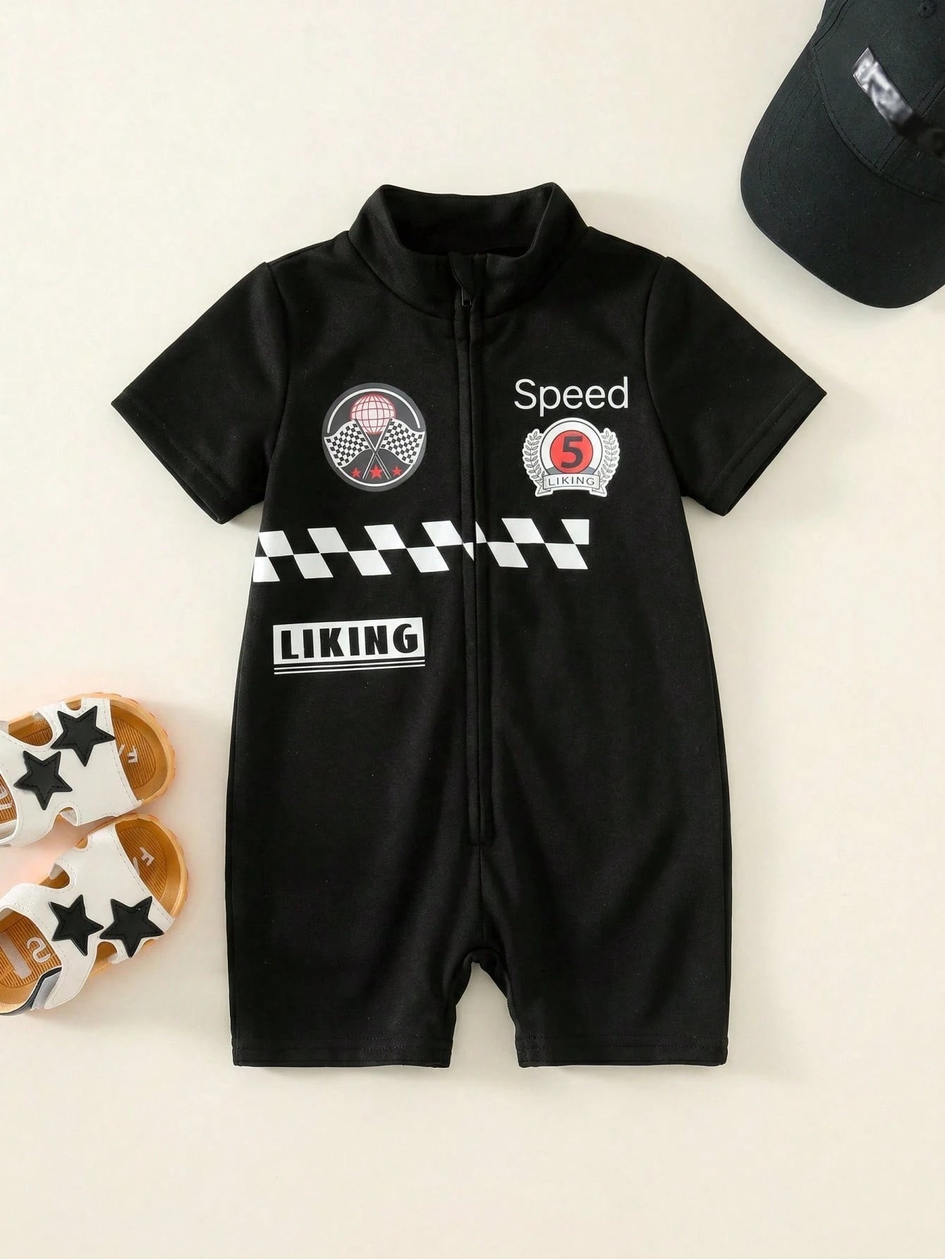 Letter & Racing Car Pattern Knit Soft Short Sleeve Romper