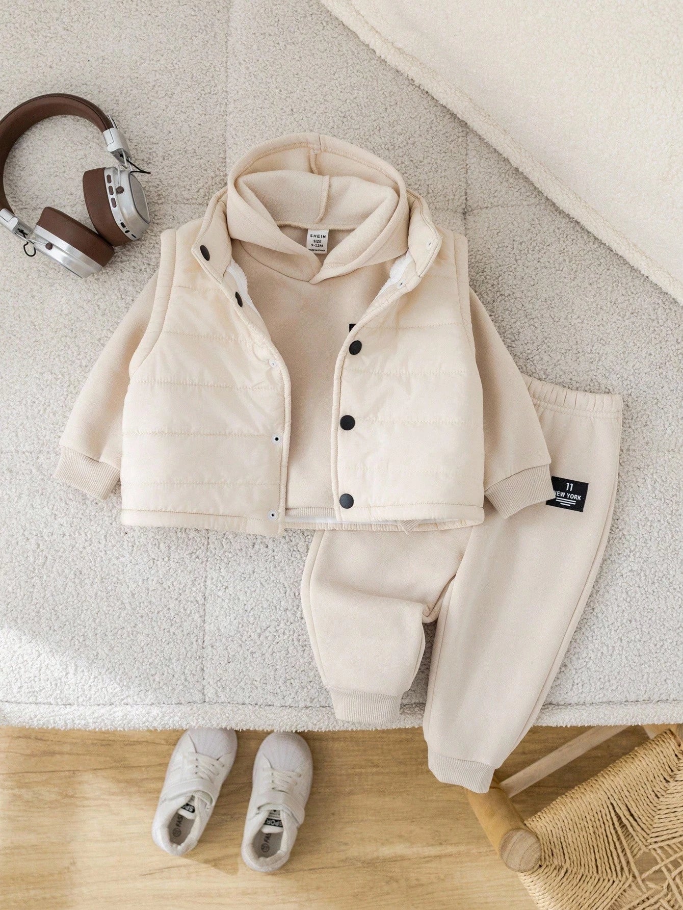 3pcs/Set Baby Boy/Girl Casual Fleece Vest, Grey Hoodie Sweatshirt And Jogger Pants