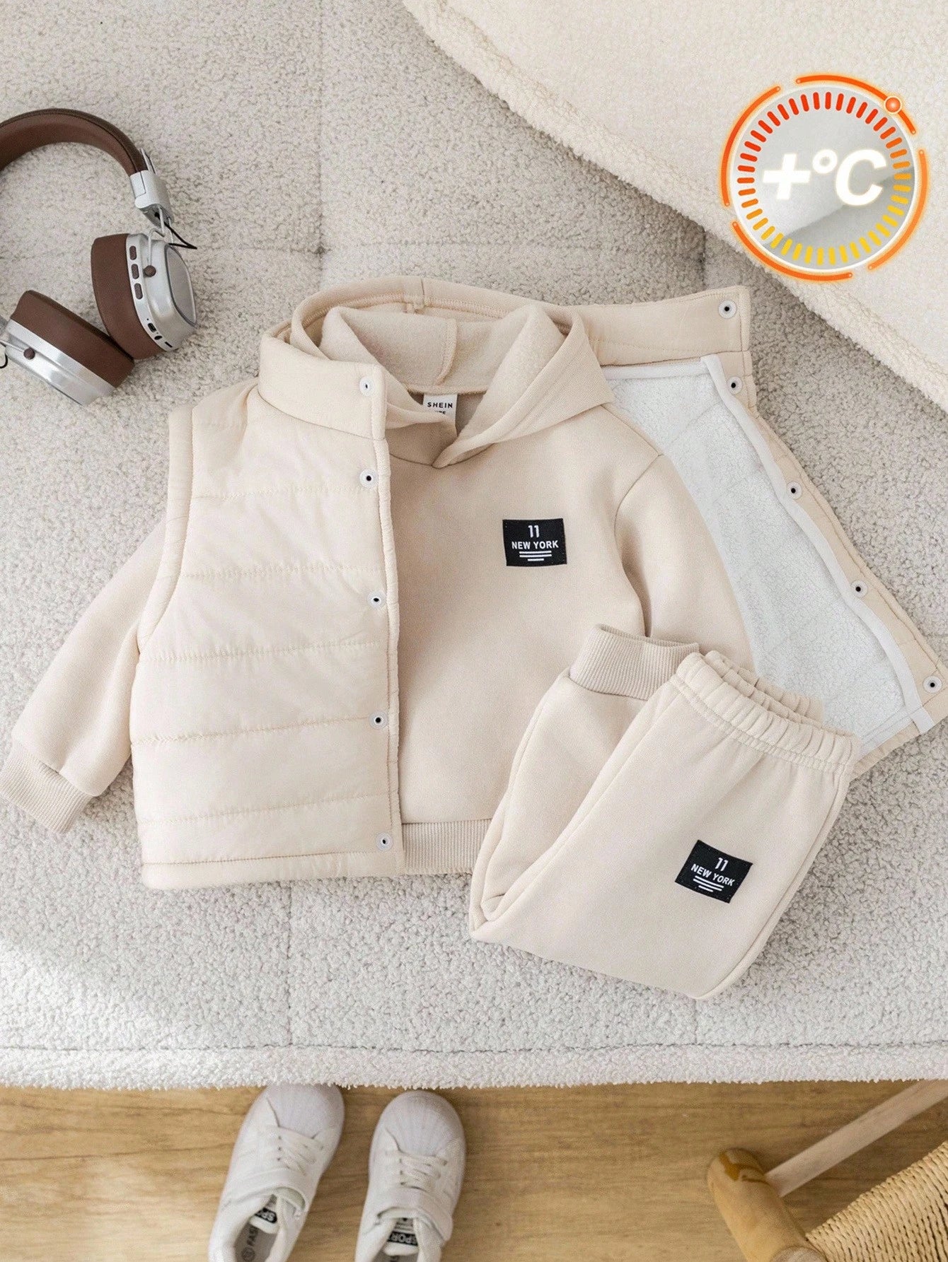 3pcs/Set Baby Boy/Girl Casual Fleece Vest, Grey Hoodie Sweatshirt And Jogger Pants White