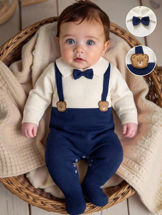 Gentleman Bow Tie Bear Decor Long Sleeve Footie Jumpsuit