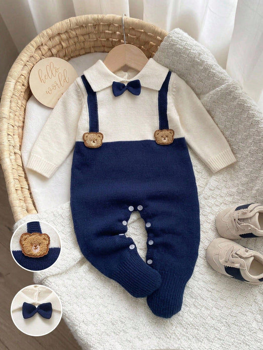 Gentleman Bow Tie Bear Decor Long Sleeve Footie Jumpsuit