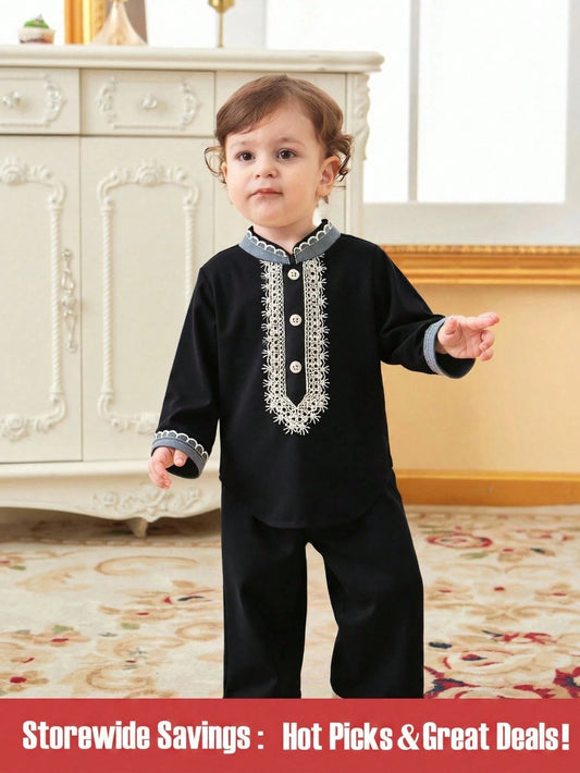 Baby Boy Patchwork Lace Button Detail Long Sleeve Top And Pants