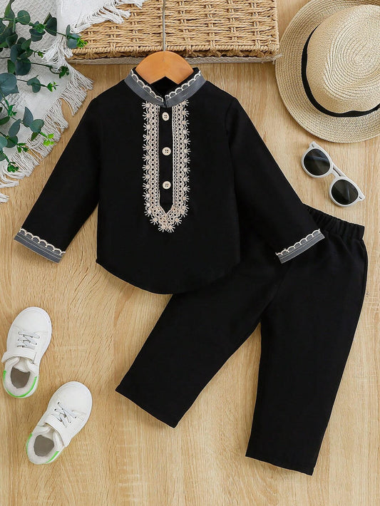 Baby Boy Patchwork Lace Button Detail Long Sleeve Top And Pants