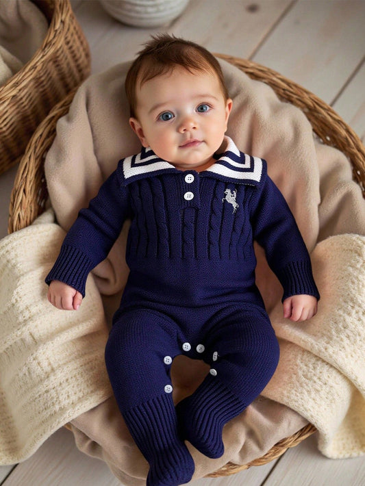 Embroidered Patterns Knitted Sweater Jumpsuit Soft Royal Blue Lapel Outfit