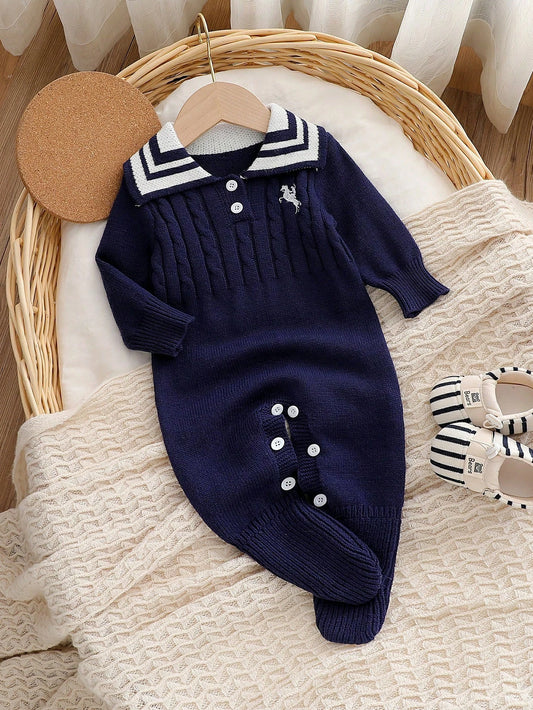 Embroidered Patterns Knitted Sweater Jumpsuit Soft Royal Blue Lapel Outfit