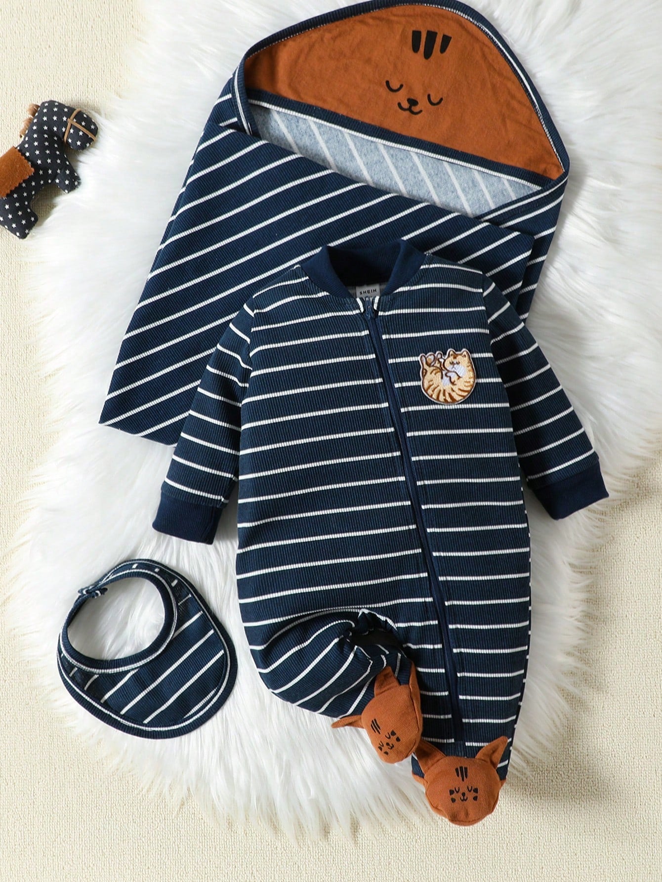 Baby Boy Striped & Cartoon Graphic Footed PJ Jumpsuit Navy Blue