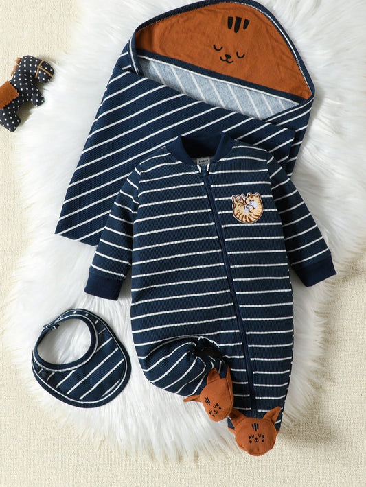 Baby Boy Striped & Cartoon Graphic Footed PJ Jumpsuit Navy Blue