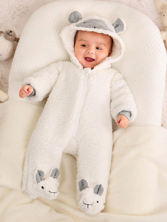 SHEIN Baby Boys Cartoon Embroidery 3D Ears Design Hooded Teddy Sleep Jumpsuit 1-3M