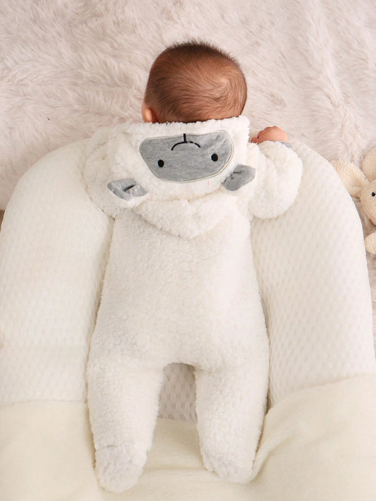 SHEIN Baby Boys Cartoon Embroidery 3D Ears Design Hooded Teddy Sleep Jumpsuit