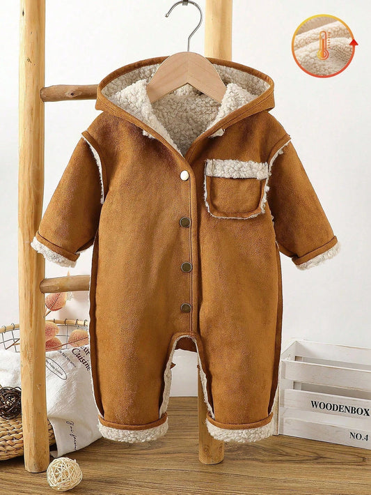 Baby Boys' Casual Hooded Solid Color Loose Jumpsuit Coffee Brown