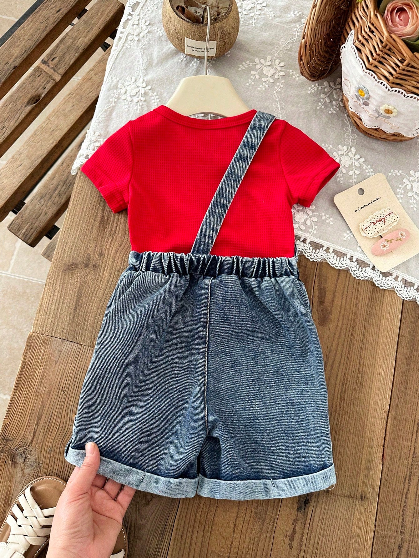 Pure Colors Short Sleeves Simple Top&Cherry Embroidery Short Denim Set