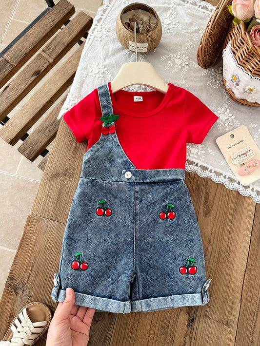 Playful Pals 2pcs Baby Girl Blue Denim Overalls Shorts Set