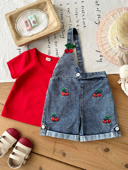 Playful Pals 2pcs Baby Girl Blue Denim Overalls Shorts Set
