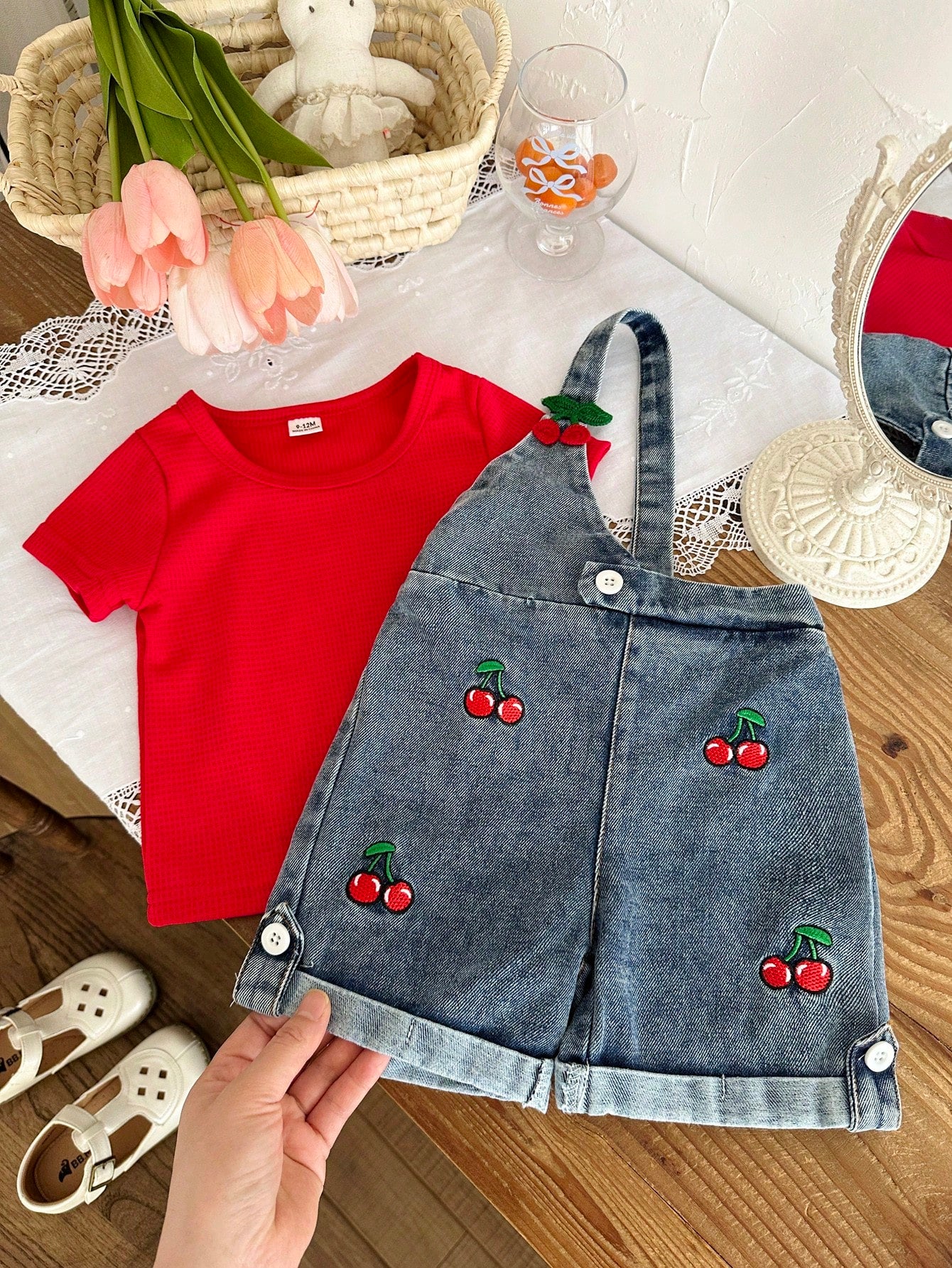 Playful Pals 2pcs Baby Girl Blue Denim Overalls Shorts Set