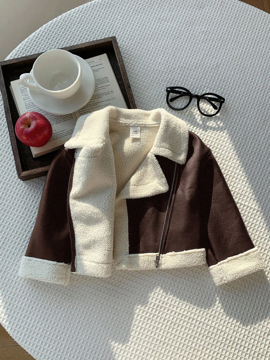 Baby Girl Cute Versatile Color Block Thermal Lined Faux Fur Jacket Brown