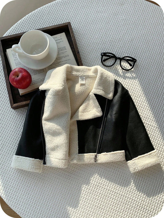 Cute Versatile Color Block Thermal Lined Faux Fur Jacket Black & White
