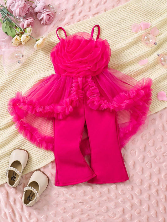 Baby Girl Pink Mesh 3D Floral Ruffle Jumpsuit