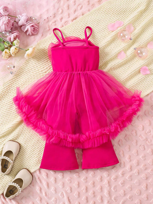 Baby Girl Pink Mesh 3D Floral Ruffle Jumpsuit