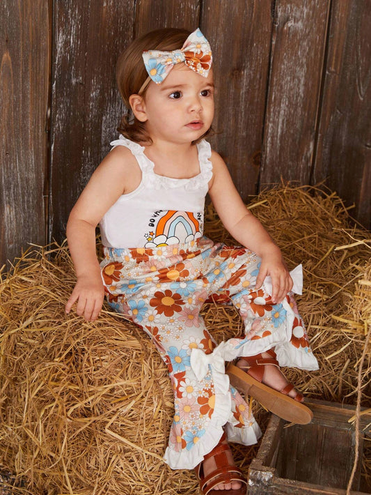 Baby Girl Ruffle Strap Sleeveless Jumpsuit And Floral Printed Pants Set