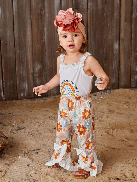 Baby Girl Ruffle Strap Sleeveless Jumpsuit And Floral Printed Pants Set
