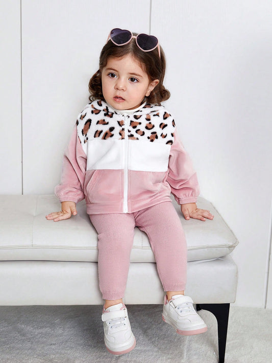 Baby Girl Casual Color-Block Leopard Print Thermal Lined Hoodie Jacket Pink