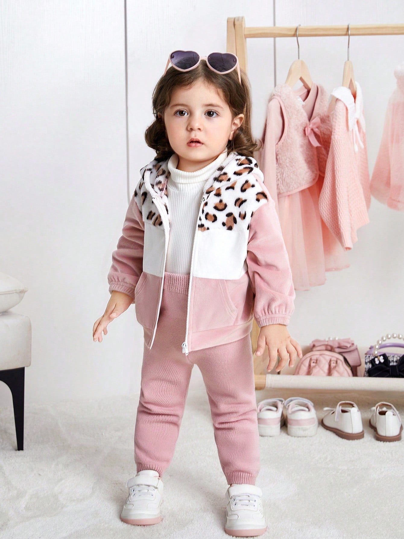Baby Girl Casual Color-Block Leopard Print Thermal Lined Hoodie Jacket