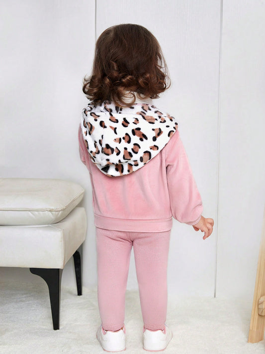 Baby Girl Casual Color-Block Leopard Print Thermal Lined Hoodie Jacket