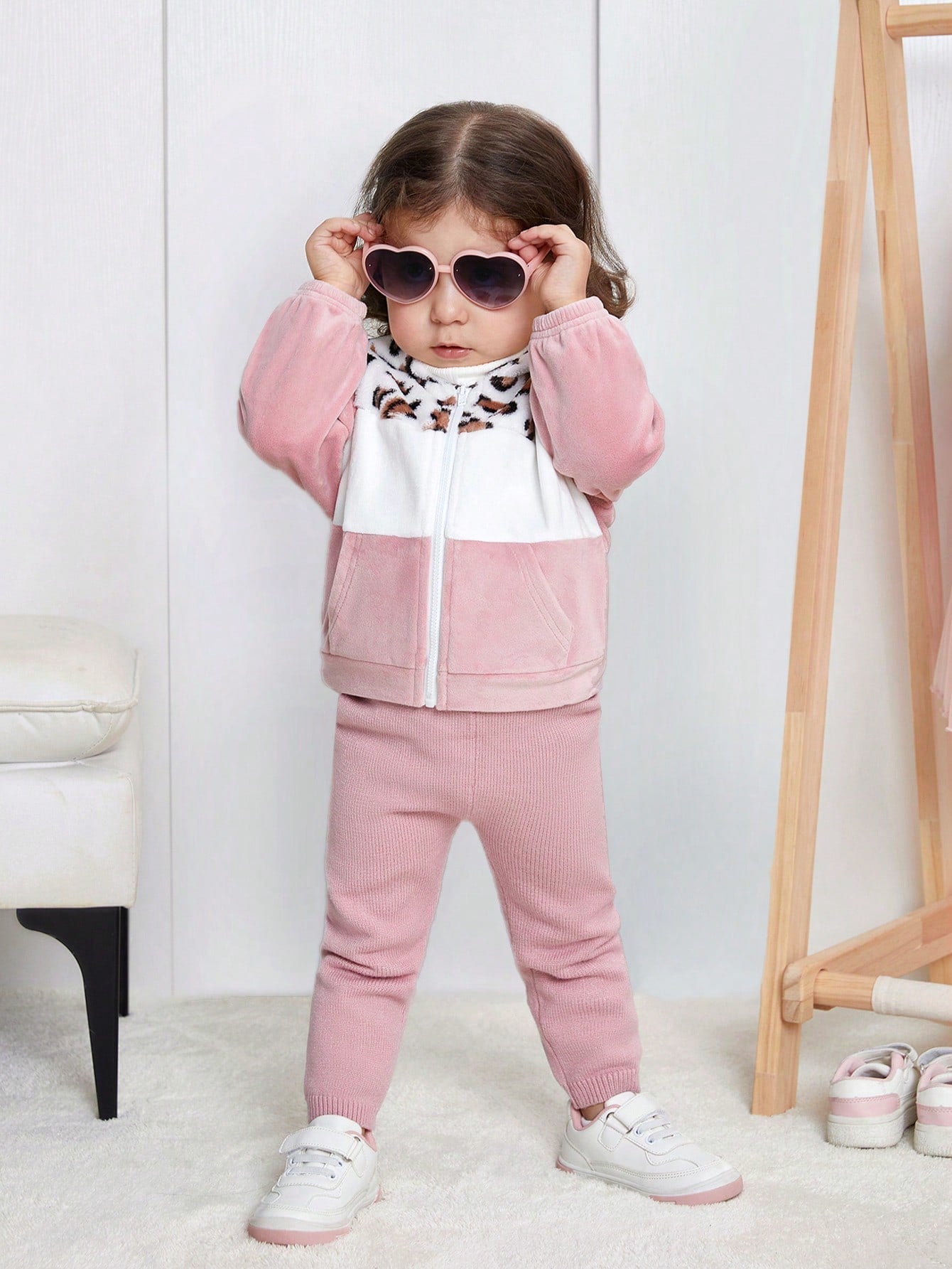 Baby Girl Casual Color-Block Leopard Print Thermal Lined Hoodie Jacket