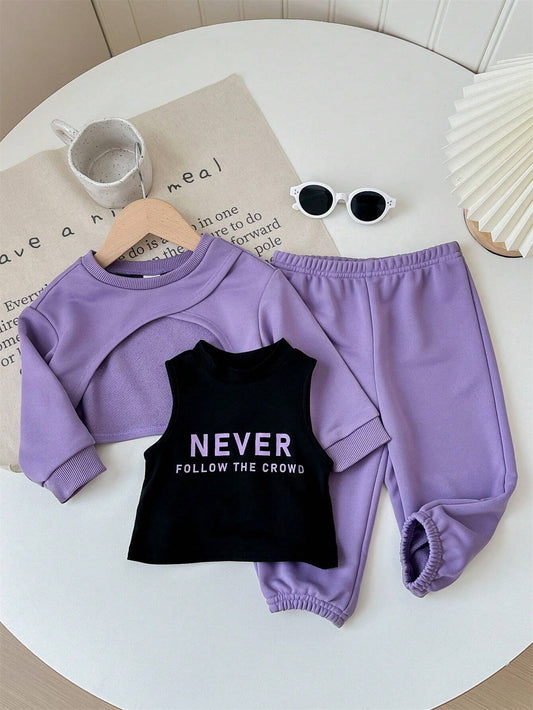 Letter Print Sleeveless Vest, Shorts, Long Sleeve Top And Elastic Waist Pants Set