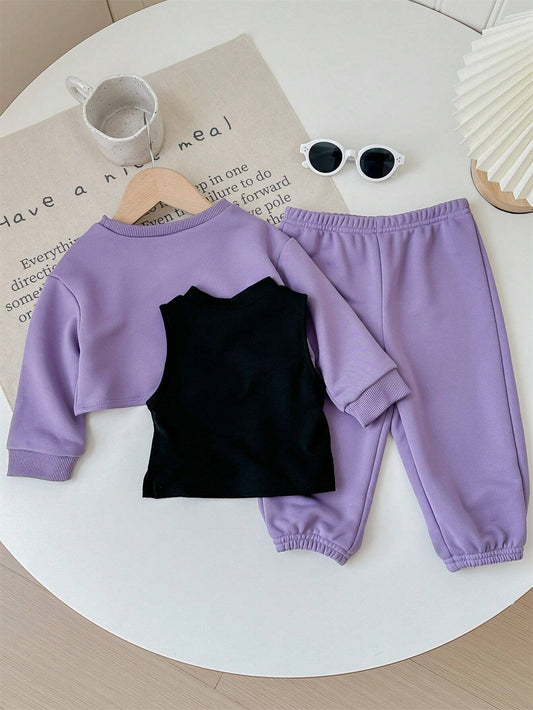 Letter Print Sleeveless Vest, Shorts, Long Sleeve Top And Elastic Waist Pants Set