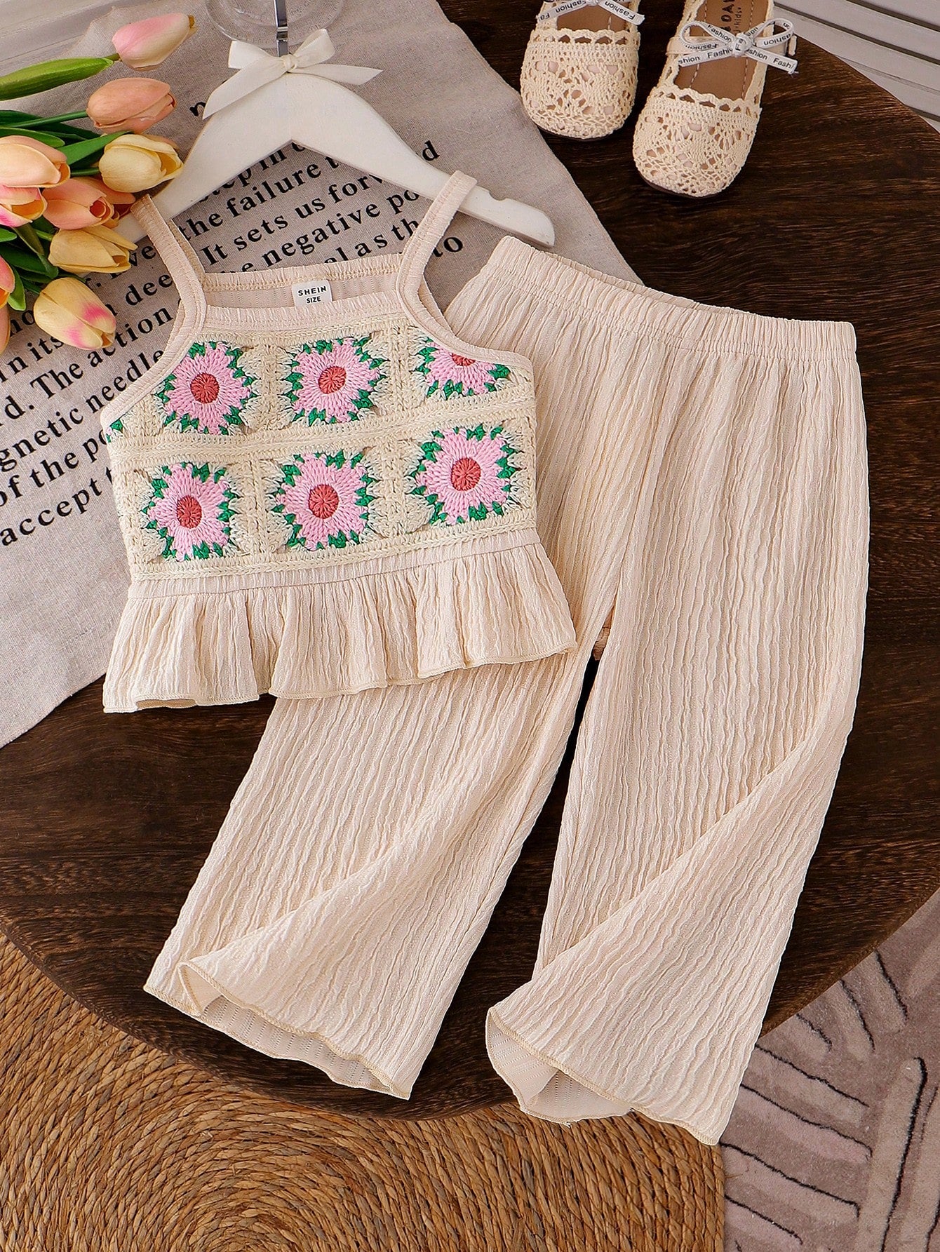 Floral Embroidery Delicate Strap Top & Solid Color Pants 2 Pieces Set Beige 2-3Y