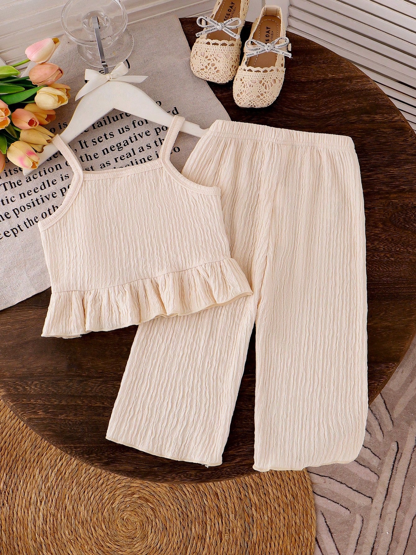 Floral Embroidery Delicate Strap Top & Solid Color Pants 2 Pieces Set