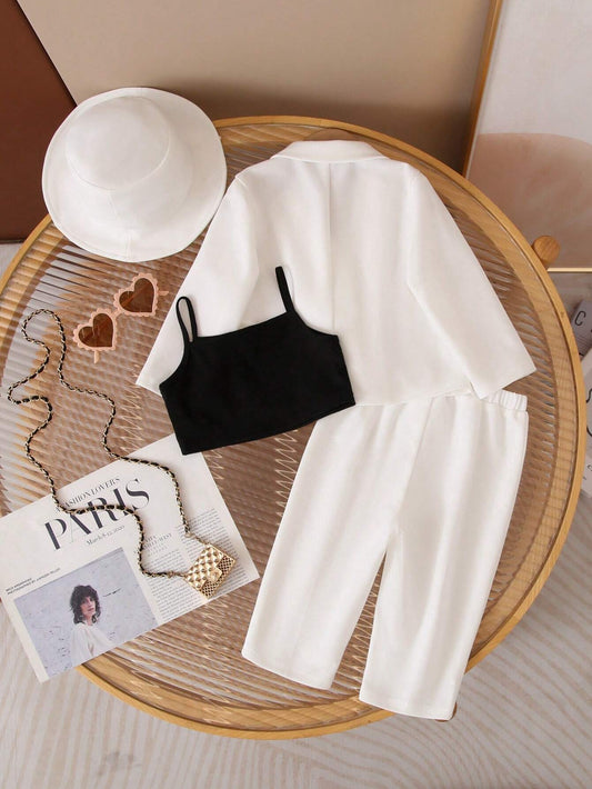 Baby Girl Casual Solid Color Suit Collar Shirt, Camisole Top, Long Pants, And Hat Set