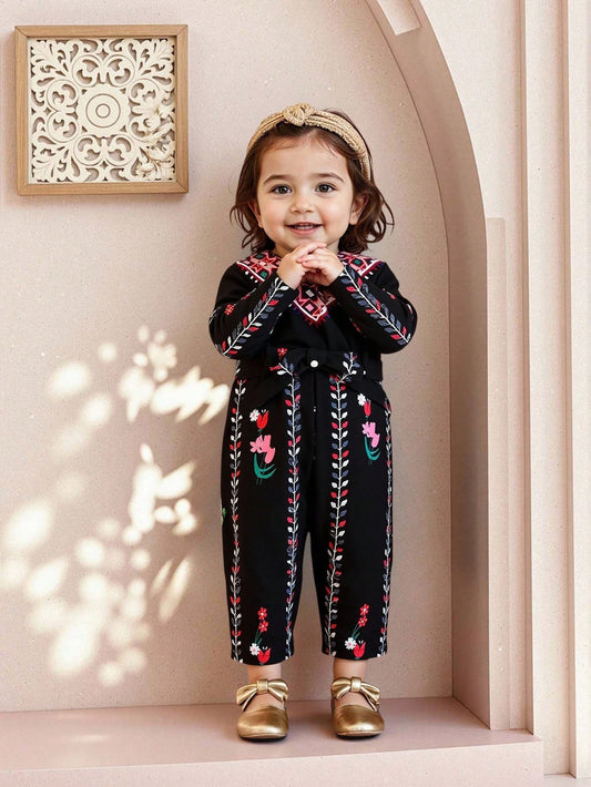 Baby Girl Floral Print Front Opening Short Sleeve Jumpsuit With Belt