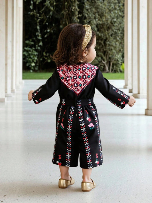 Baby Girl Floral Print Front Opening Short Sleeve Jumpsuit With Belt