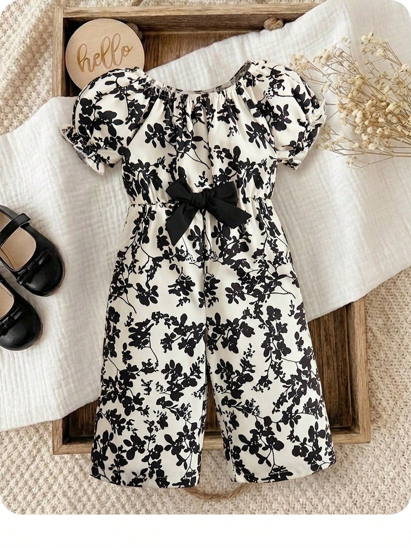 Baby Girl Floral Print Puff Sleeve Bow Front Jumpsuit