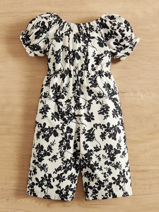 Mummy & Mee Baby Girl Floral Print Puff Sleeve Bow Front Jumpsuit