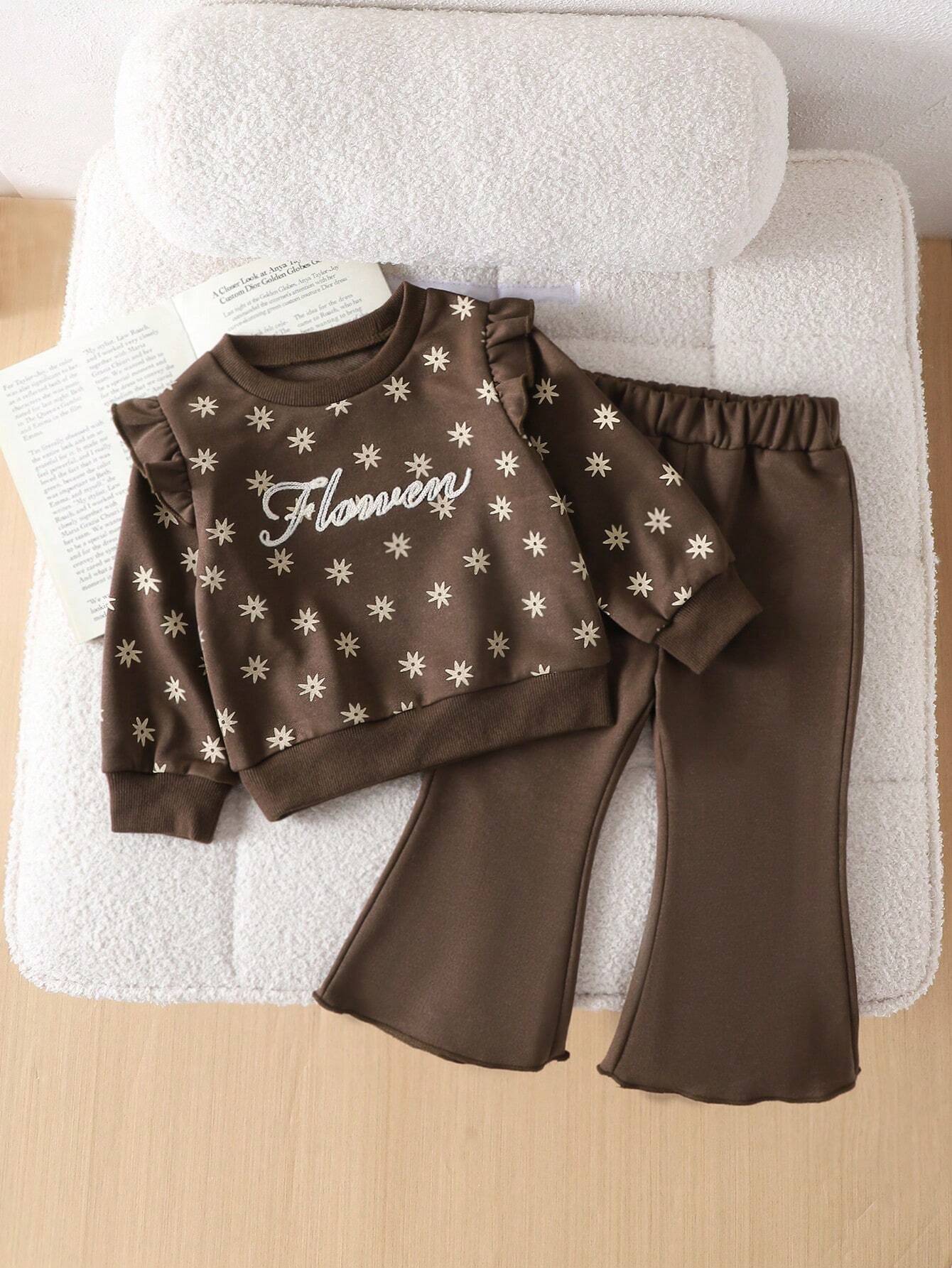 Baby Girl Long Sleeve Top & Pants Matching Outfit Brown