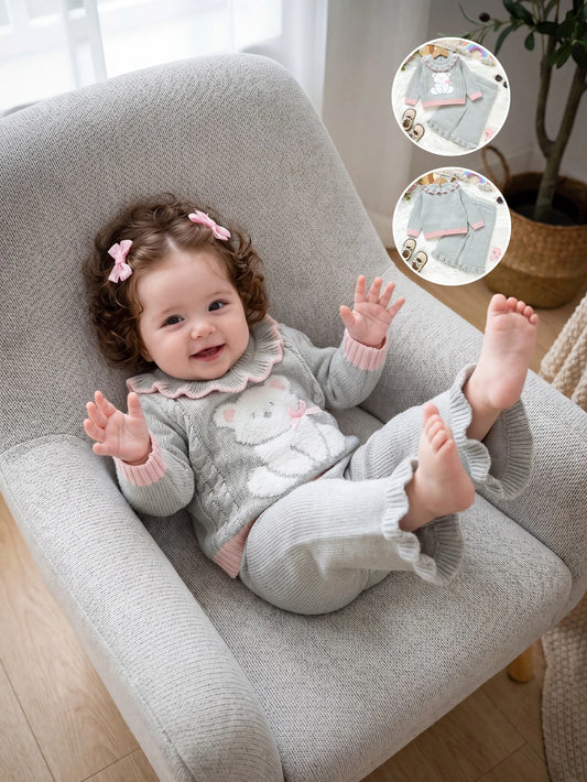 Colorblock Ruffled Collar Bear Knitted 2-Piece Set