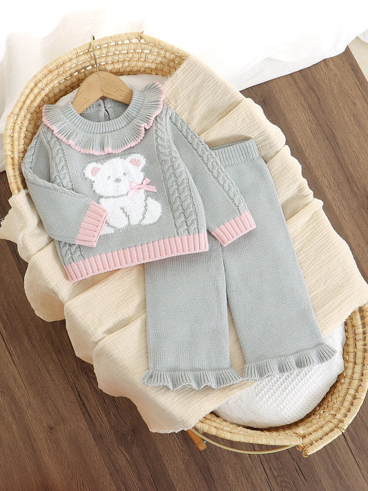 Colorblock Ruffled Collar Bear Knitted 2-Piece Set