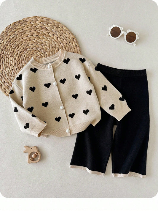 Baby Girl Heart Pattern Long Sleeve Single-Breasted Knitted Cardigan And Knitted Pants Multicolor